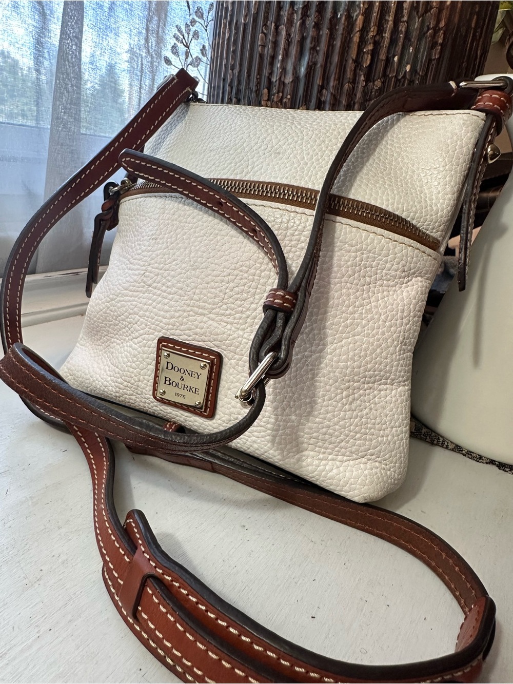 Dooney & Bourke White Pebbled Leather Crossbody with Brown Trim and Strap